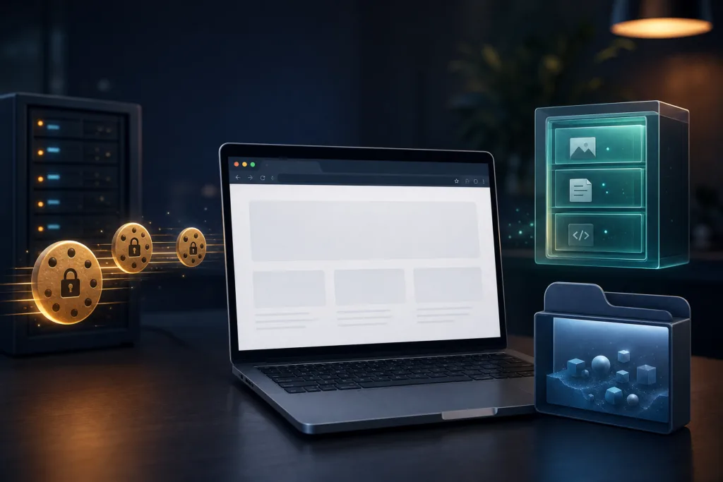 Cookies, localStorage, and sessionStorage: How Websites Remember You A browser laptop with secure cookie tokens and separate browser storage compartments