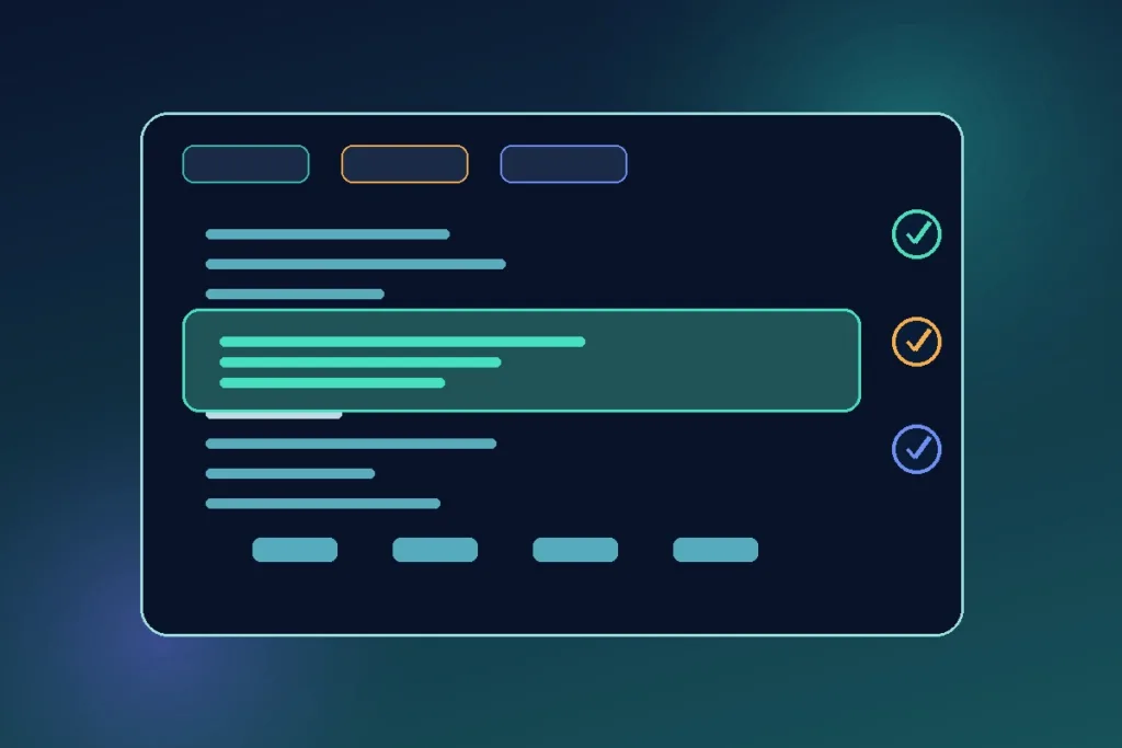 Abstract code editor with a highlighted AI suggestion and three review checkpoints