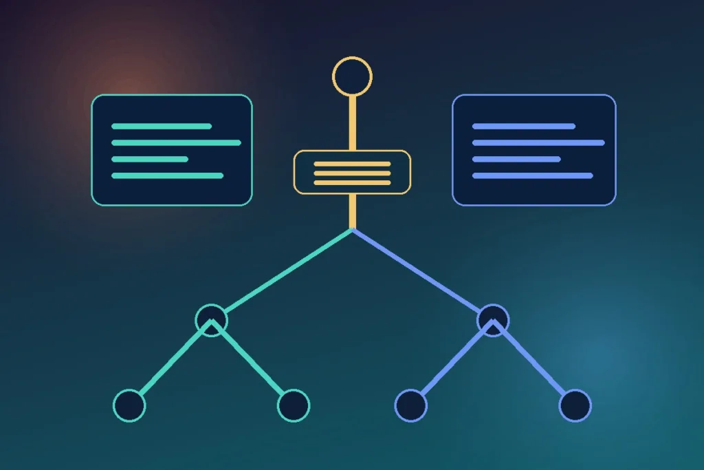 Abstract decision tree connecting a web interface, an API contract, and two application layers