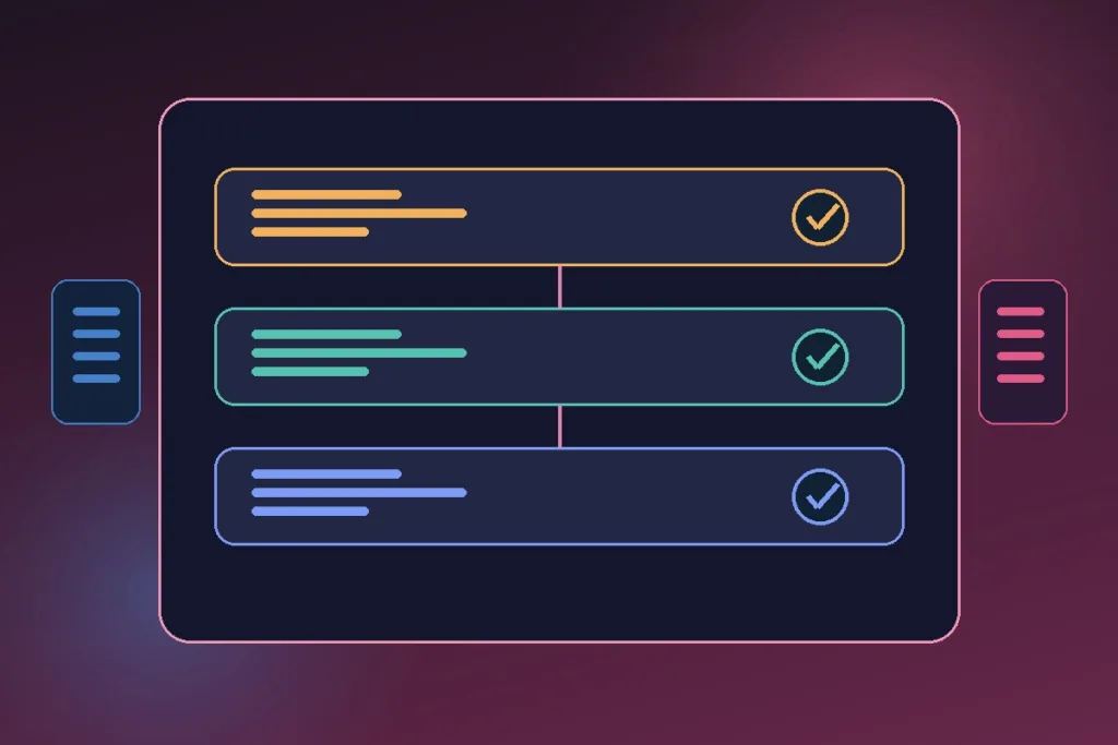 Abstract AI coding workflow with three colored validation gates and control panels