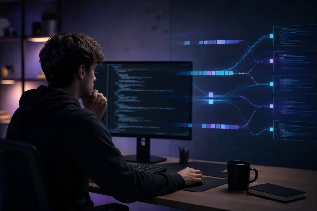 A developer viewing abstract code suggestions and token flows on a computer screen