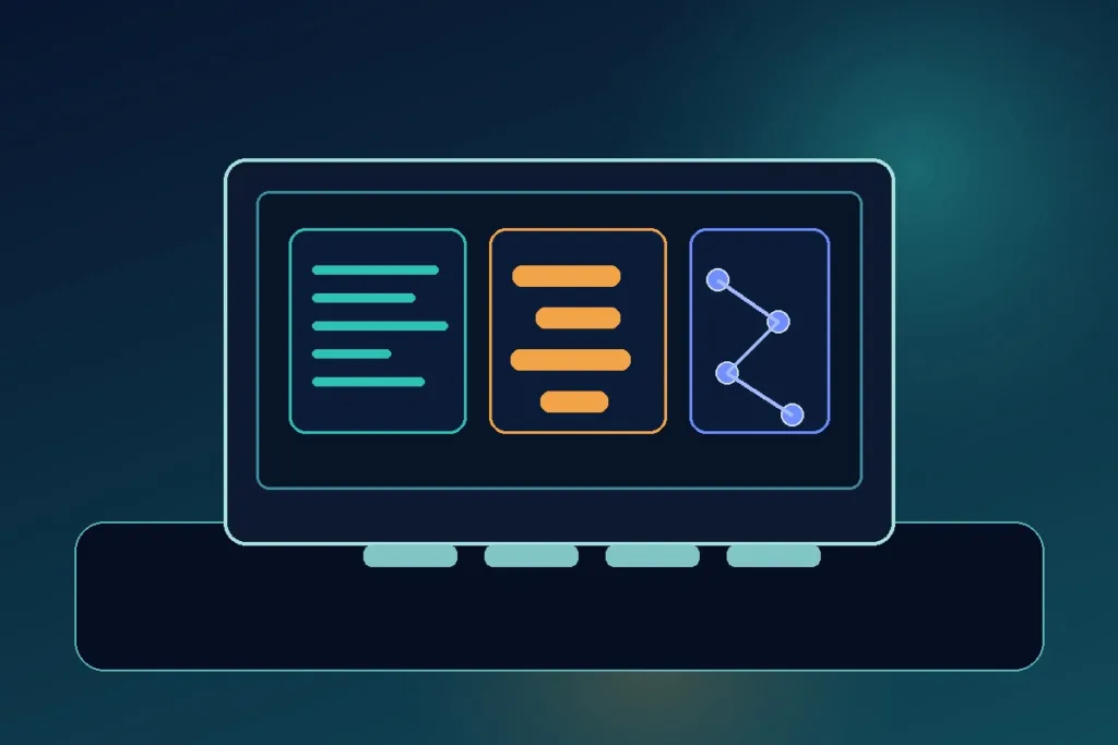 How to Choose the Right AI Tool for Your Coding Task Abstract laptop showing three distinct AI coding interaction modes: suggestions, conversation, and repository workflow
