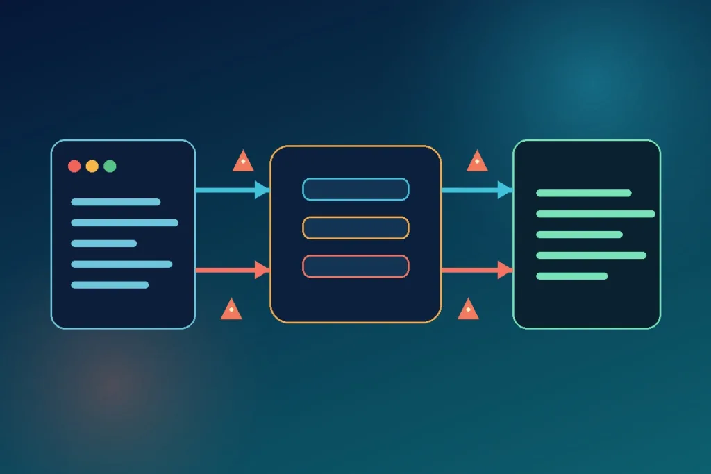 Abstract browser-to-server API flow with network layers and visible debugging checkpoints