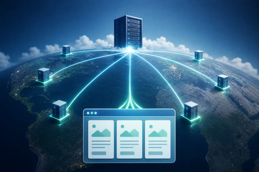 What Is a CDN and Why Does It Matter? A conceptual network showing an origin server distributing web content to edge servers around the globe