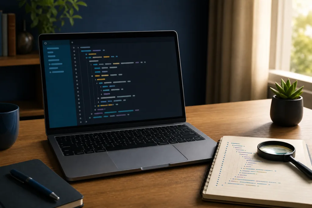 A laptop displaying abstract Python code beside a notebook with aligned indentation lines
