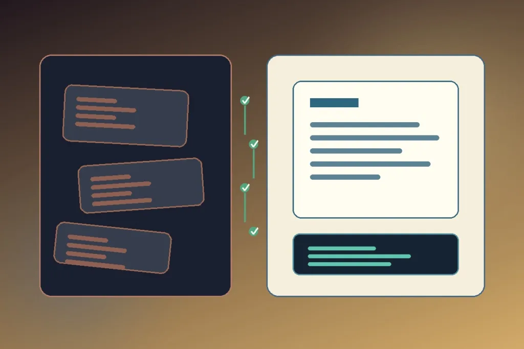 Abstract before-and-after view of confusing project notes becoming organized developer documentation