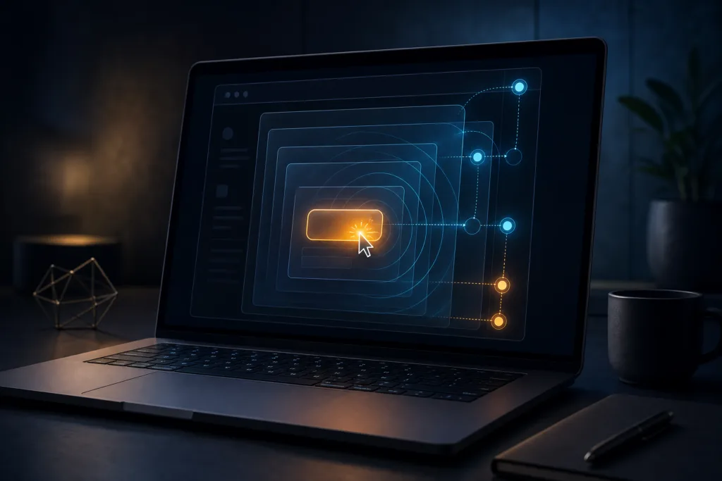 JavaScript Events Explained: How Click, Input, and Submit Work Laptop showing a glowing button with event signals traveling through nested browser interface layers